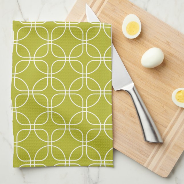 White Circles Squares On Avocado Green Mid-Century Tea Towel (Quarter Fold)