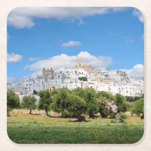 White city Ostuni with olive trees, Puglia coaster