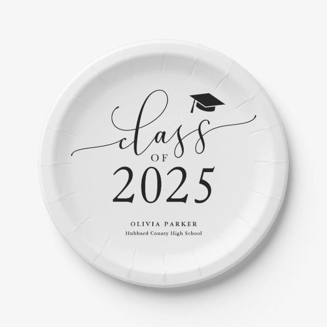 White Class of 2025 Graduation Party Paper Plate (Front)