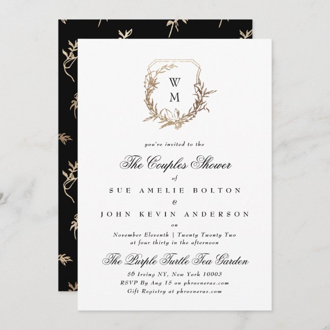 white classic black gold motif couples shower invitation (Front/Back)