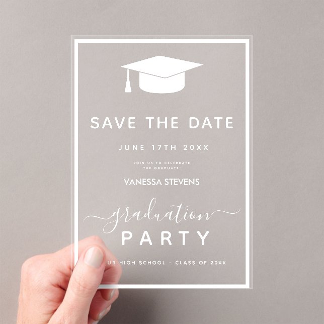  White Classic Graduation Save the Date Acrylic Invitations (Insitu (Handheld))