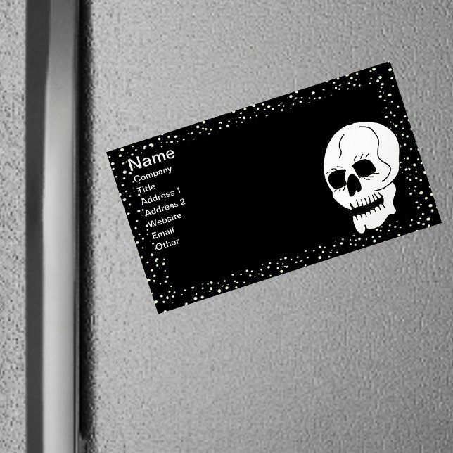 White Classic Skull Halloween Goth Magnetic Business Card (White skull with white polka dot border on black magnetic business card.)