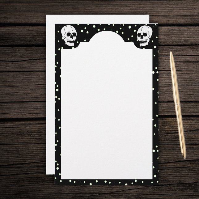 White Classic Skull Halloween Goth Stationery (White skulls on black with white polka dots border on white spooky stationery writing paper.)