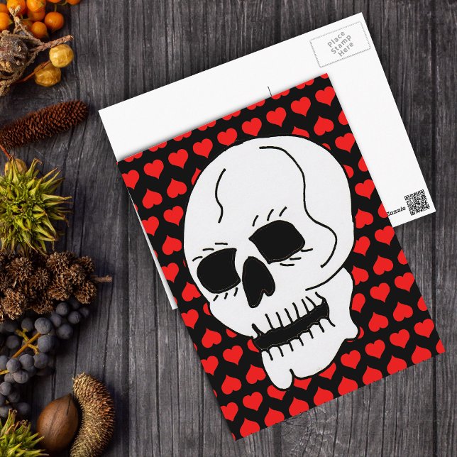 White Classic Skull Red Hearts Postcard (White skull on bright red hearts on black postcard.)