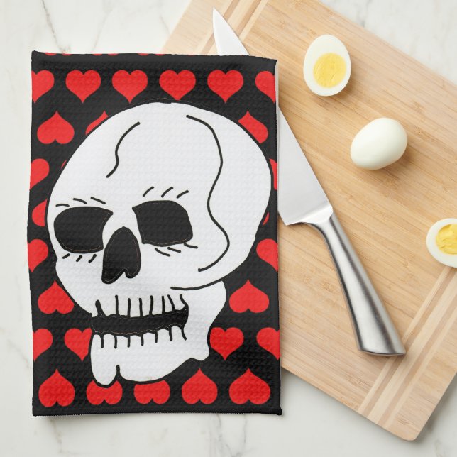 White Classic Skull Red Hearts Tea Towel (Quarter Fold)