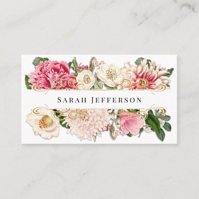 White Classy Floral Gold Swirl Professional Custom Business Card (Front)