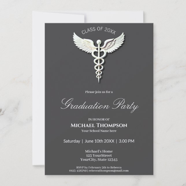 White Clean Caduceus Medical Graduation Invitation (Front)
