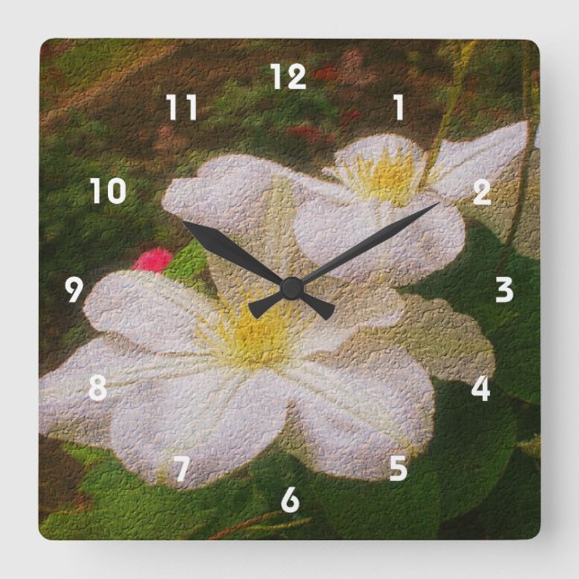 White Clematis Flower Art Square Wall Clock (Front)