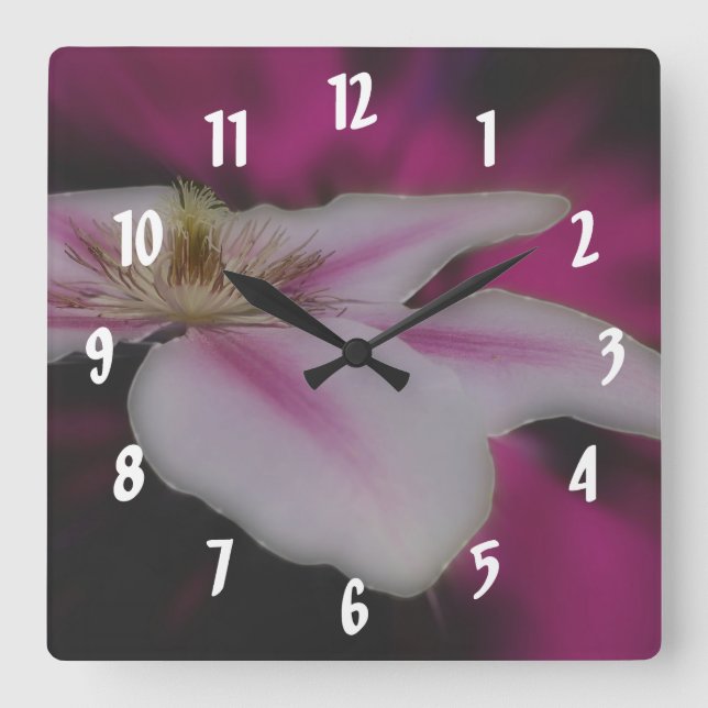 White Clematis Flower Art Square Wall Clock (Front)