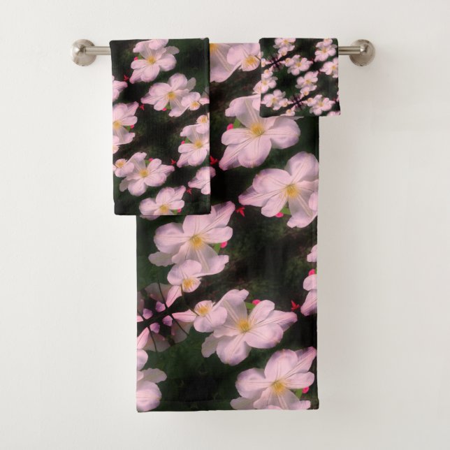 White Clematis Flower Pair Abstract Floral Pattern Bath Towel Set (Insitu)