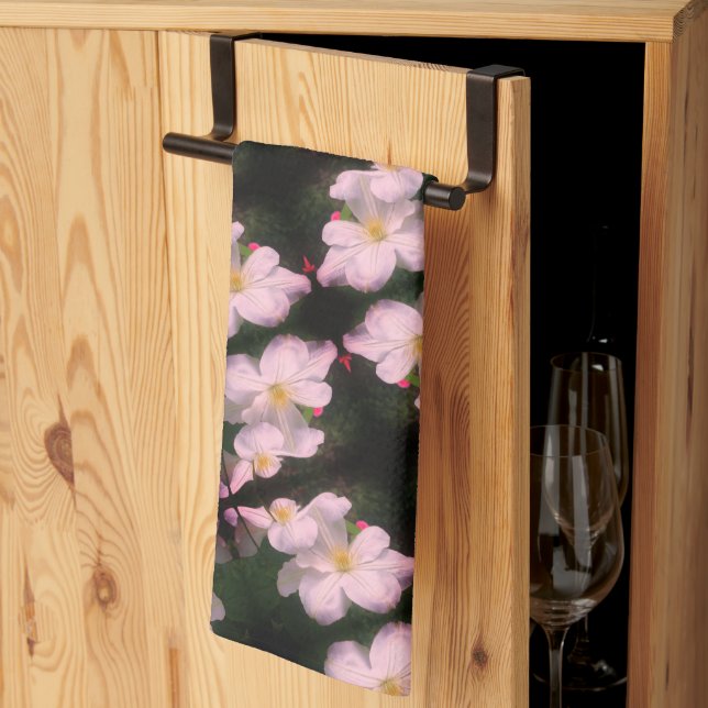 White Clematis Flower Pair Abstract Floral Pattern Tea Towel (Thirds Fold)