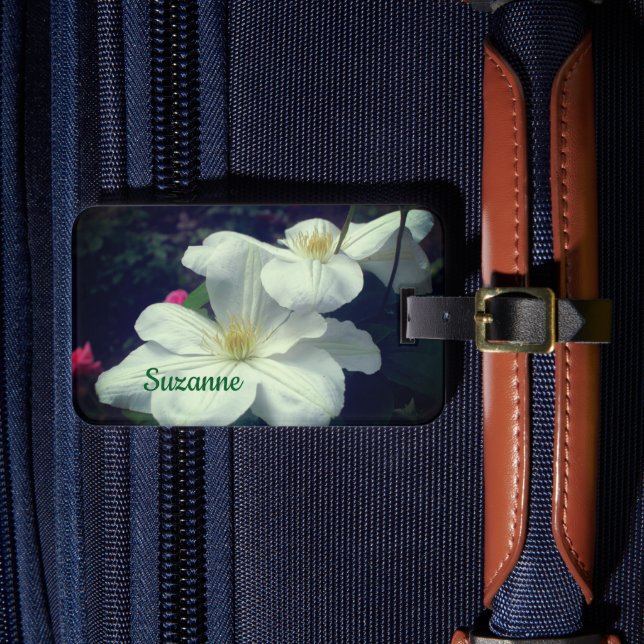 White Clematis Flower Pair Personalised Luggage Tag (Front Insitu 4)