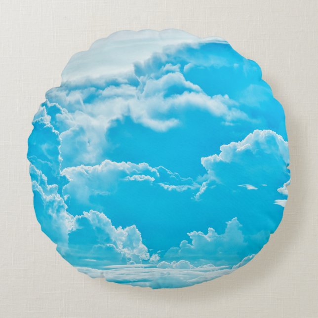 white clouds and bright blue sky background,panora round cushion (Front)