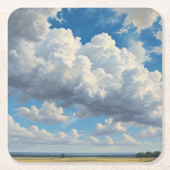 White Clouds and Clear Blue Sky Square Paper Coaster (Front)