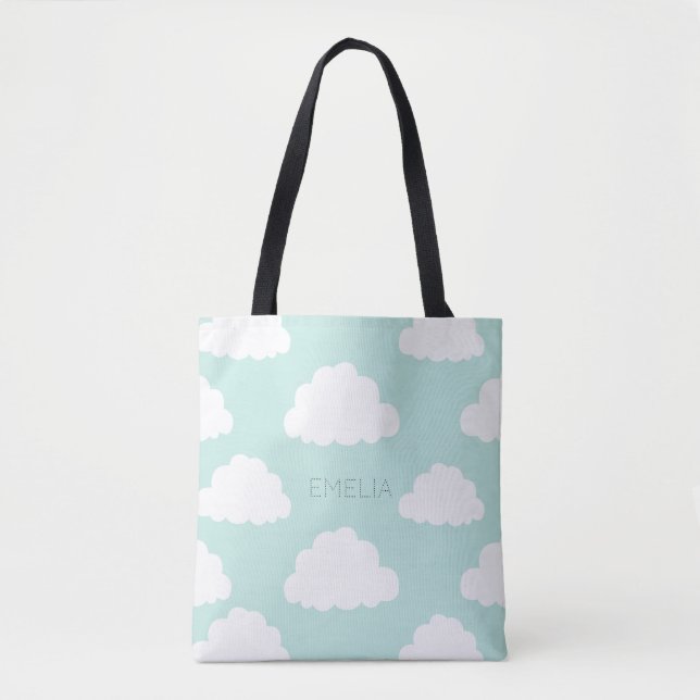 White Clouds Pattern Personalised Aqua Tote Bag (Front)