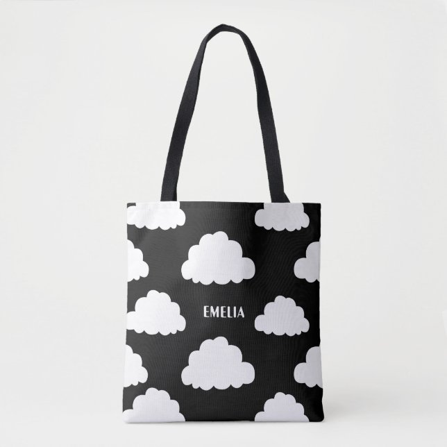 White Clouds Pattern Personalised Black Tote Bag (Front)