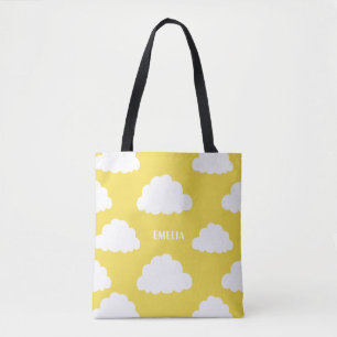 White Clouds Pattern Personalised Yellow Tote Bag