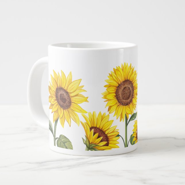 White coat with yellow sunflowers large coffee mug (Front Left)