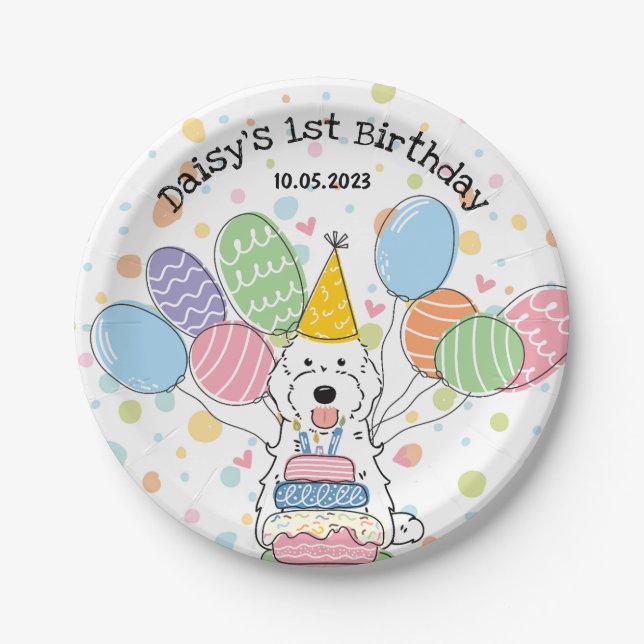 White Cockapoo Cavapoo Dog Birthday  Paper Plate (Front)