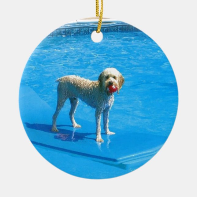 White Cockapoo Dog Swimming on a Raft Ceramic Tree Decoration (Front)