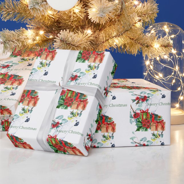 White Cockatoo Presents Merry Christmas Wrapping Paper (Holidays)
