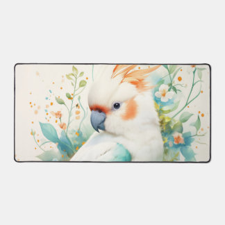 White Cockatoo Tangerine Crest Aqua Teal Desk Mat