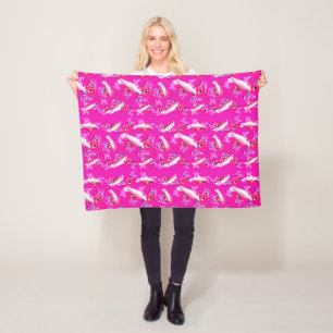 White Cockatoos, Butterflies And Pink Poppies, Fleece Blanket
