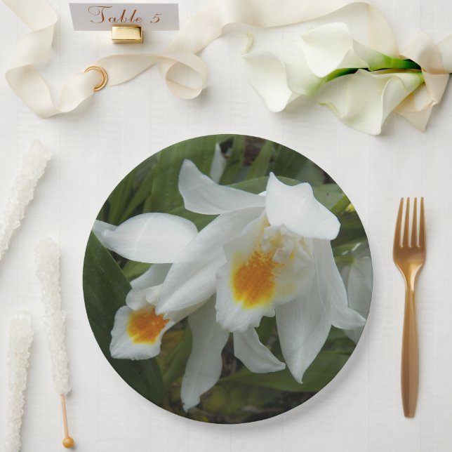 White Coelogyne Mooreana Orchids Floral Paper Plate (Wedding)