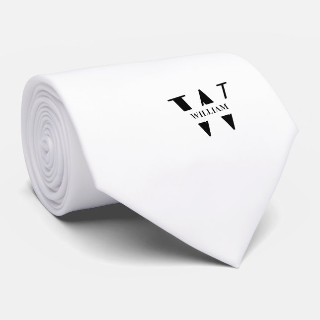 White Colour Elegant Monogram + Name  Tie (Rolled)