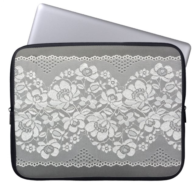 White colour straight strip of lace fabric on grey laptop sleeve (Front)