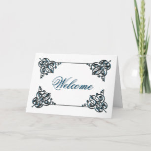 White Colour with Metal Swirl Border Welcome Card