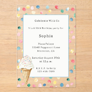 White Colourful Confetti Ice Cream Cone Birthday Acrylic Invitations