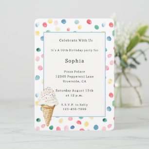 White Colourful Confetti Ice Cream Cone Birthday Invitation