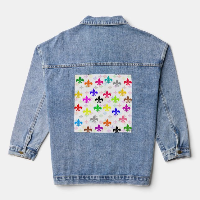 White Colourful Fleur-de-lis Pattern Design Denim Jacket (Back)