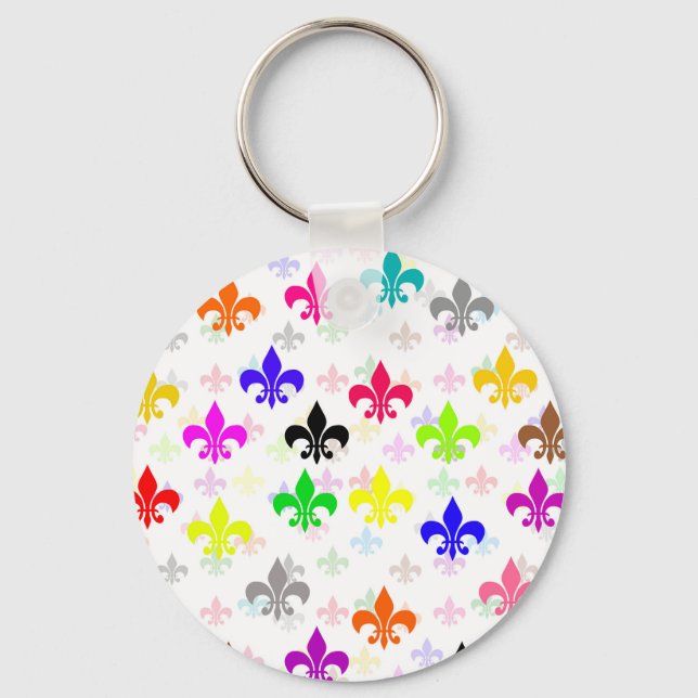 White Colourful Fleur-de-lis Pattern Design Key Ring (Front)
