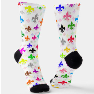 White Colourful Fleur-de-lis Pattern Design Socks