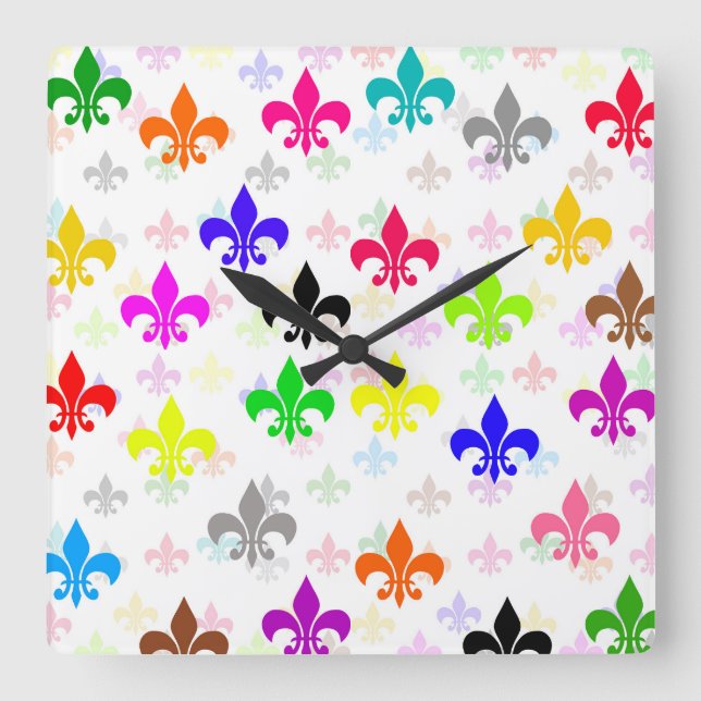 White Colourful Fleur-de-lis Pattern Design Square Wall Clock (Front)