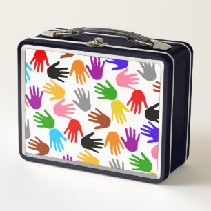 White Colourful Handprint Pattern Design Metal Lunch Box