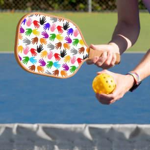 White Colourful Handprint Pattern Design  Pickleball Paddle