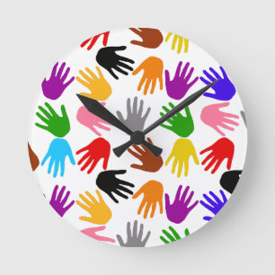 White Colourful Handprint Pattern Design  Round Clock