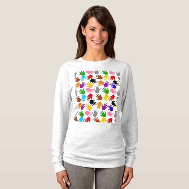White Colourful Handprint Pattern Design  T-Shirt (Front Full)