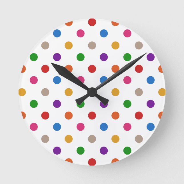 White Colourful Rainbow Polka Dots Design  Round Clock (Front)