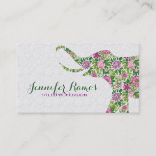 White & Colourful Retro Floral Elephant Business Card