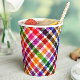 White Colourful Twill Plaid Tartan Design Paper Cups