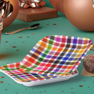 White Colourful Twill Plaid Tartan Design Paper Plate