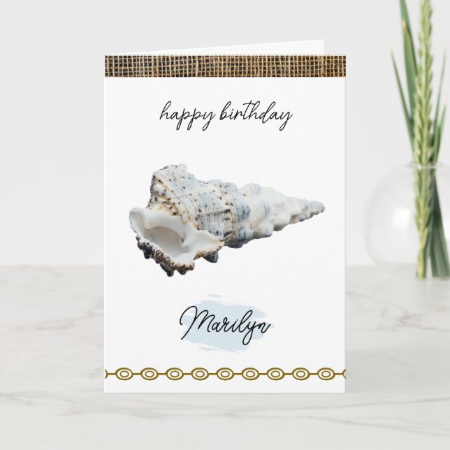 White Conch Seashell with Name Birthday Card (Front)