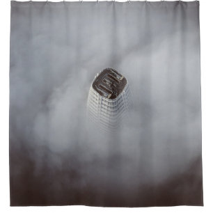 WHITE CONCRETE BUILDING SURROUNDED BY CLOUDS SHOWER CURTAIN