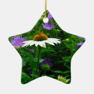 White Cone flower, purple flowers and moth Ceramic Tree Decoration