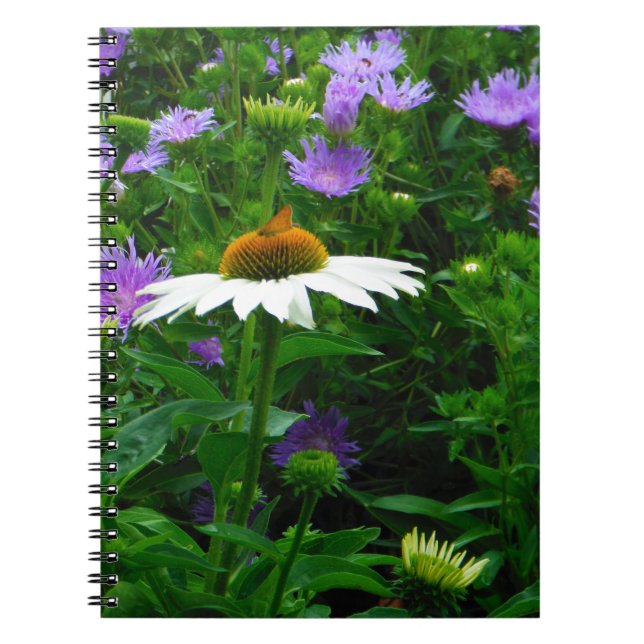 White Cone flower, purple flowers and moth Spiral Notebook (Front)