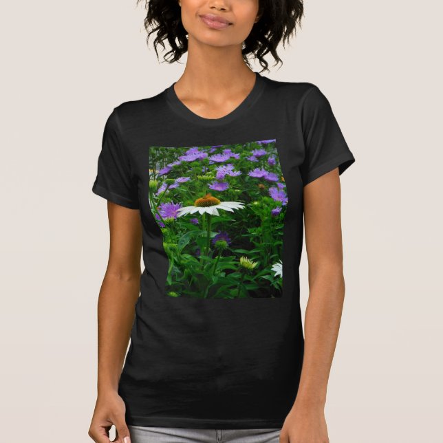 White Cone flower, purple flowers and moth T-Shirt (Front)